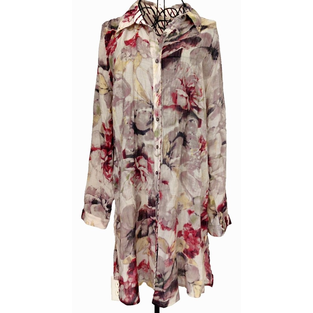 Soft Surroounding Tunic Womens Sz L Sheer Browns Burgundy Contrasting Trim